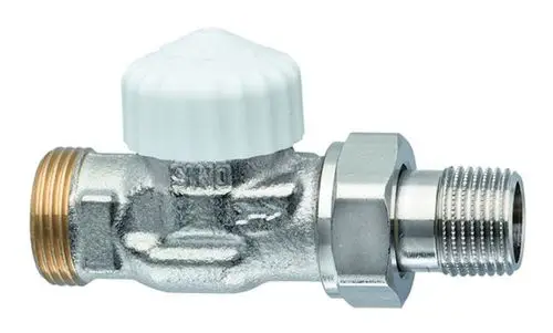 Thermostatventilunterteil aus Metall mit weißem Kunststoffkopf. Anschluss für Außengewinde. Von der Marke IMI Hydronic Engineering.